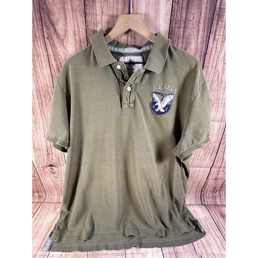 American Eagle Polo Shirt Mens Army Green Distressed Patch Badge Shirt 4XL